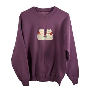 Vintage Cat Lady Sweatshirt Embroidered Crewneck Sz L Purple Grannycore 90s